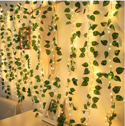 Artificial Plant Leaves bail with 10 ft LED Fairy Lights Battery Operated and 7 ft Bail Leaf for room decoration wall Hanging flowers