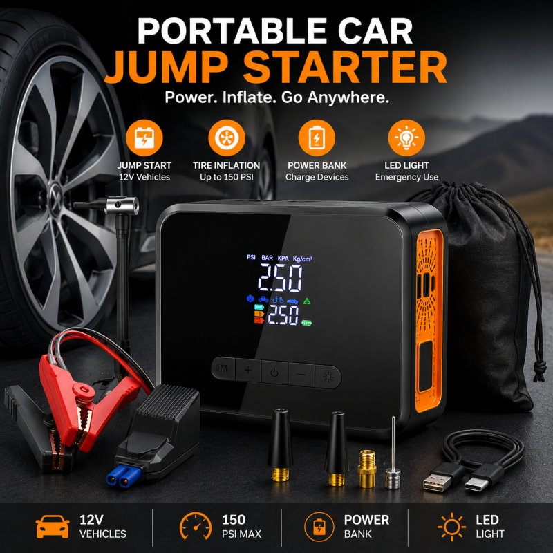 CX 319 8000 mAh Portable Car Jump Starter Power Bank USB Air Pump & Flashlight