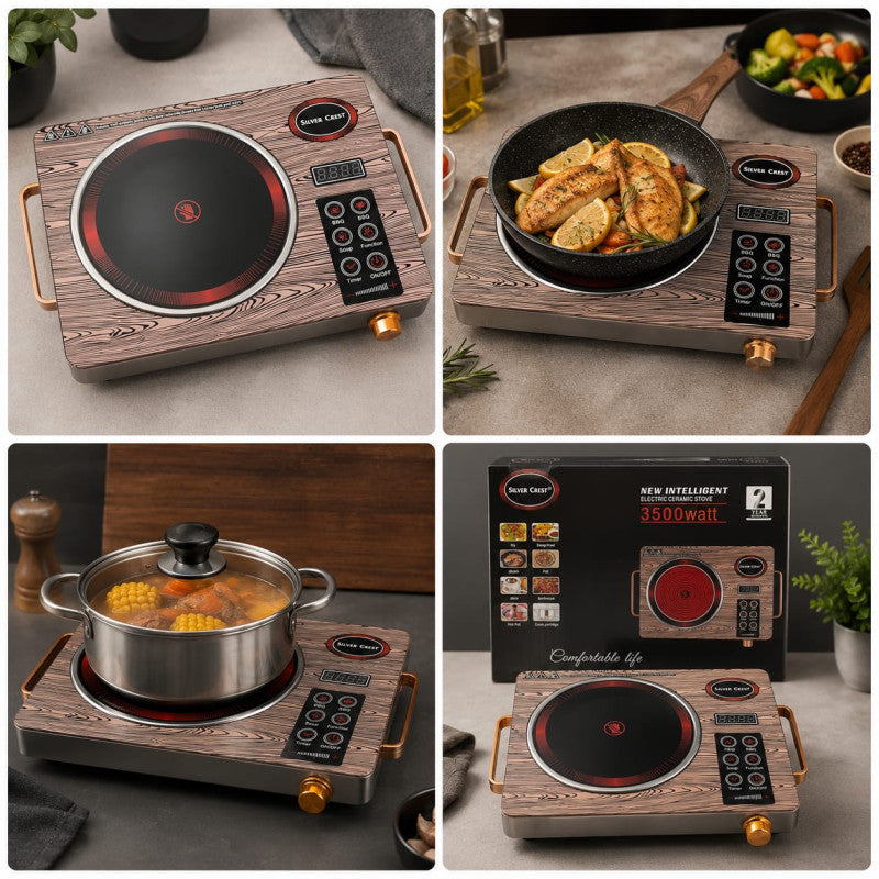 Bring professional cooking to your home! The Silver Crest 3500W Electric Ceramic Stove delivers rapid heating, precise temperature control, and a sleek modern look—ideal for every kitchen