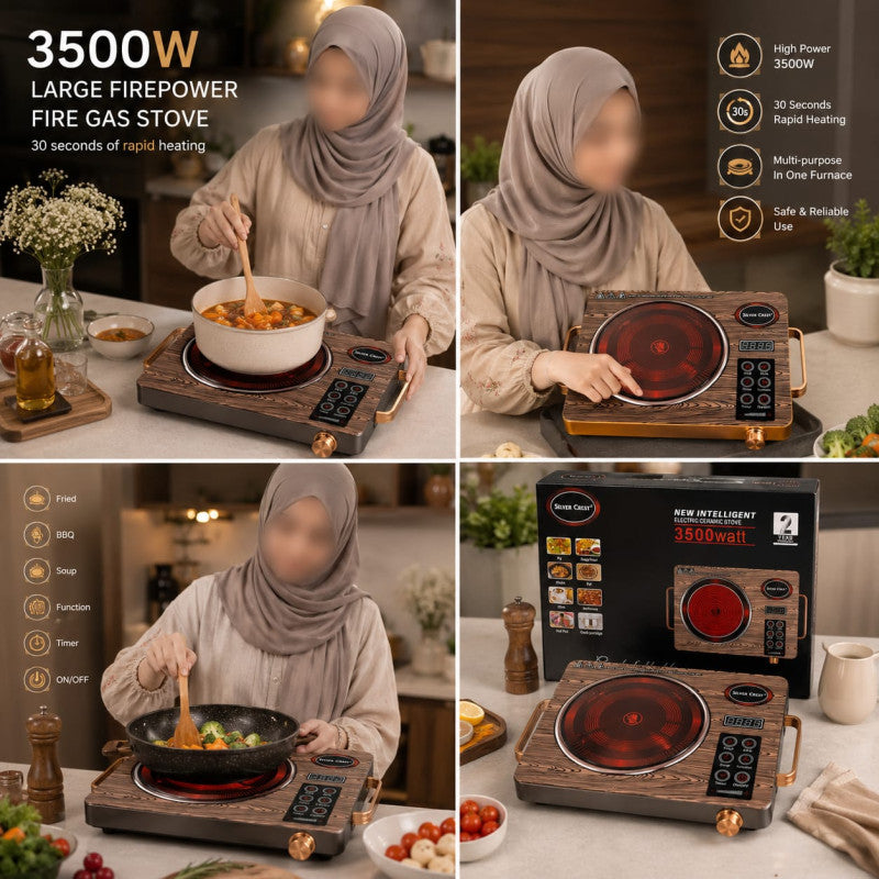 Bring professional cooking to your home! The Silver Crest 3500W Electric Ceramic Stove delivers rapid heating, precise temperature control, and a sleek modern look—ideal for every kitchen