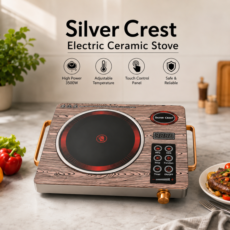 Bring professional cooking to your home! The Silver Crest 3500W Electric Ceramic Stove delivers rapid heating, precise temperature control, and a sleek modern look—ideal for every kitchen