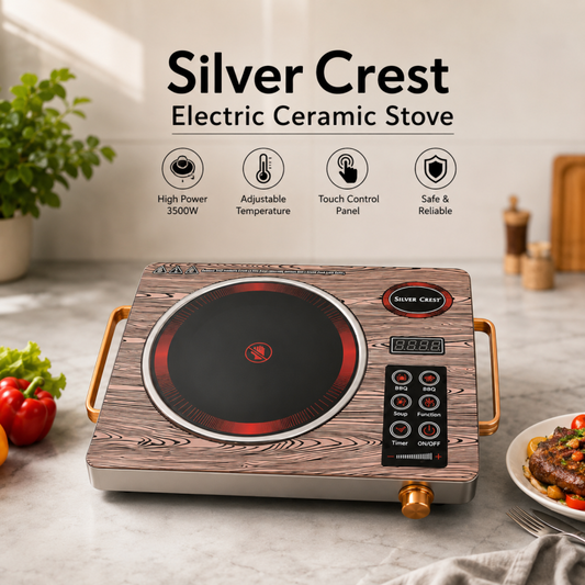 Bring professional cooking to your home! The Silver Crest 3500W Electric Ceramic Stove delivers rapid heating, precise temperature control, and a sleek modern look—ideal for every kitchen