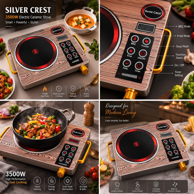 Bring professional cooking to your home! The Silver Crest 3500W Electric Ceramic Stove delivers rapid heating, precise temperature control, and a sleek modern look—ideal for every kitchen