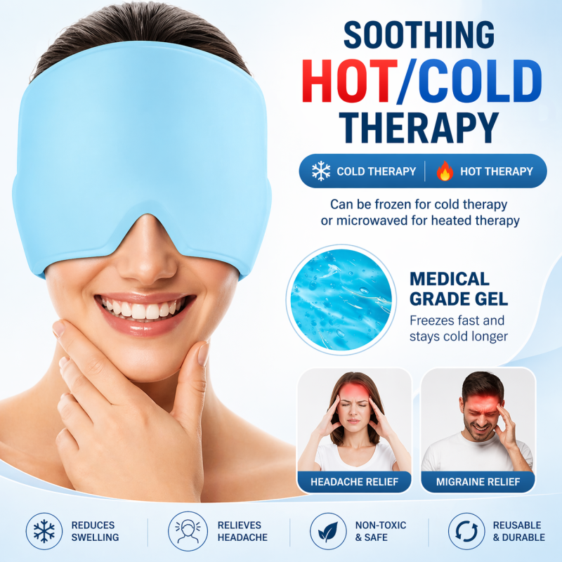 Migraine Relief Cap – Hot & Cold Therapy Gel Headache Hat with Ice Pack Eye Mask for Pain, Stress & Tension Relief