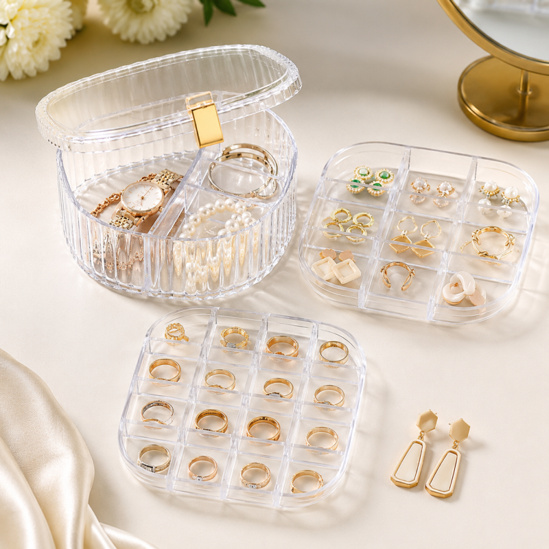 Elegant Transparent Crystal Portable Jewellery Box, Storage Organizer,