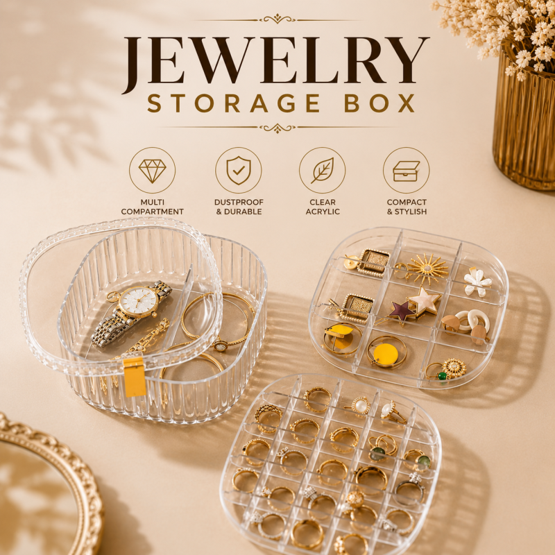 Elegant Transparent Crystal Portable Jewellery Box, Storage Organizer,