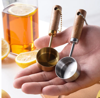 15ml Stainless Steel Measure Spoon Flat Bottom Hangable Measuring Cup Rustproof With Wood Handle Kitchen Coffee Measure Tools